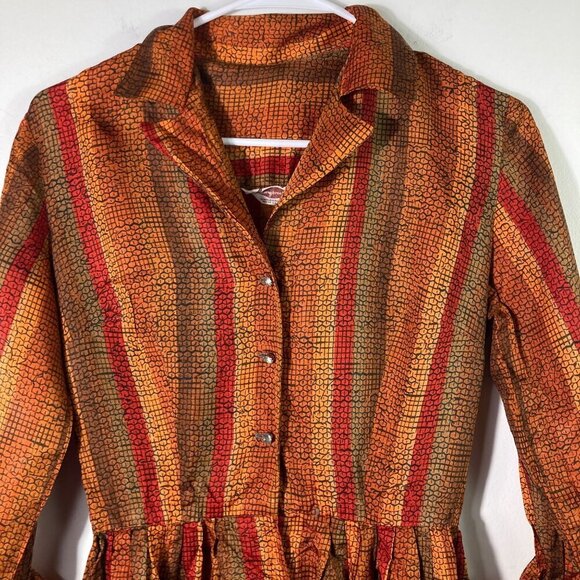 Womens Vintage Kerrybrooke 3/4 Sleeve Orange Brown Dress Button XS - Picture 4 of 8